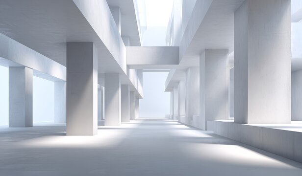 A modern abstract interior space featuring clean concrete structure with columns and open flooring, showcasing minimalist design.