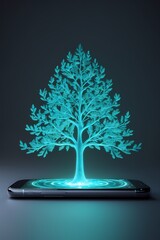 professional photo of a photorealistic conceptual render of a sleek smartphone with a metallic finish gently projecting a vibrant glowing tree hologram against a dark gradient background symbolizing m