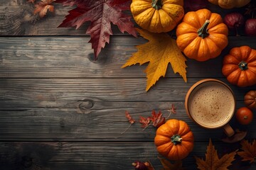 Autumn Pumpkins and Coffee on Wooden Table