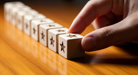 Woman hand placing wooden block with star. Customer experience rating and satisfaction concept. Service feedback and review.