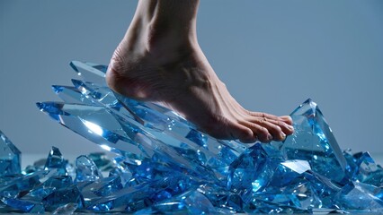 A foot stepping gingerly on sharp, transparent blue crystals, suggesting risk and delicate movement.
