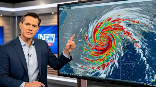 Male meteorologist presenting a hurricane forecast on a large screen map, delivering weather news and updates footage.