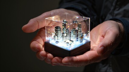 A miniature, illuminated cityscape rests within cupped hands, a glowing world in microcosm.