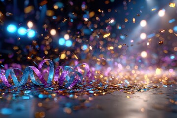 Vibrant celebration explodes with shimmering confetti and swirling ribbons under dazzling stage lights, creating an electrifying party atmosphere.