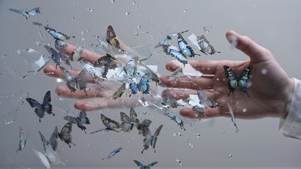 A delicate dance of butterflies emerges from shattered glass, captivating the viewer with fragile beauty.