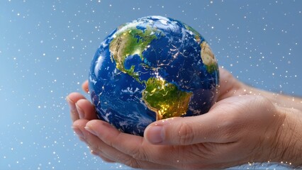 Gentle hands cradle the glowing Earth, adorned with shimmering specks, symbolizing hope and the future of our planet.