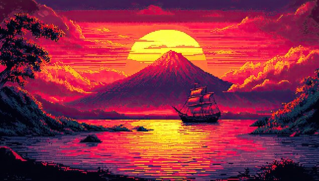 Pixelated sunset over water, ship by mountain - Powered by Adobe