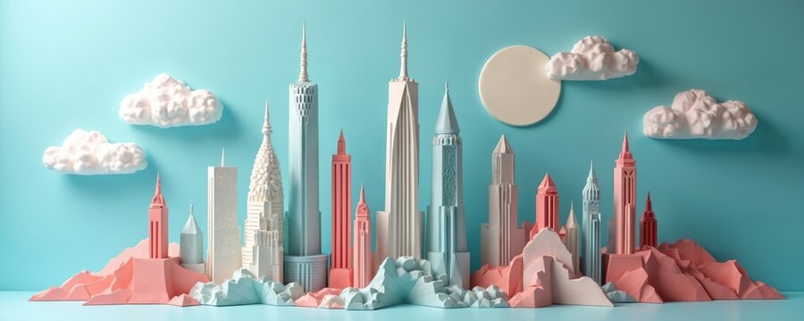3D origami cityscape with pastel skyscrapers pastel mountains, clouds on blue background. Modern miniature architecture model with intricate details. Handmade paper art sculpture of urban landscape.
