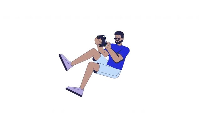 Black man using gadget buttons in relaxed pose 2D character animation. African american guy in casual clothes and sunglasses, interacting animated person cartoon 4K video isolated on white transparent