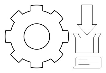 Gear connected to a downward arrow, open box, and speech bubble symbolizing workflow, support, communication, packaging, organization, teamwork feedback. Ideal for process management efficiency