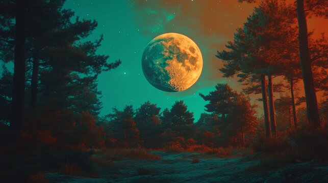A tilt-shift photograph features the silhouette of pine trees set against the full rose moon and night sky