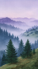 Naklejka premium Experience the Breathtaking Beauty of Misty Mountains and Serene Forests in this Captivating Watercolor Landscape, Evoking a Sense of Peace and Tranquility in Nature