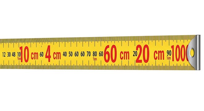 Yellow measuring tape with centimeter markings for accurate measurements.