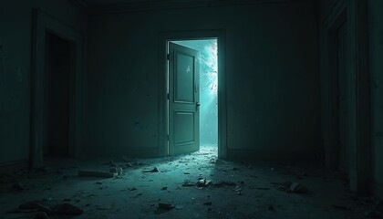 Obraz premium Open door reveals bright surreal light and energy burst. Dark abandoned room with debris on floor. Moody atmosphere and decay inside old house.