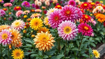 A beautiful field of colorful dahlia flowers in full bloom creates a vibrant and cheerful scene on a sunny day, evoking feelings of joy and natural beauty.