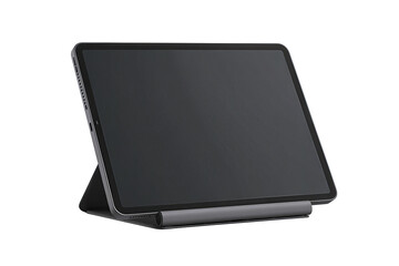 Slate-gray tablet on foldable kickstand with minimal bezel and side ports isolated on transparent background.
