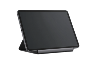 Slate-gray tablet on foldable kickstand with minimal bezel and side ports isolated on transparent background.
