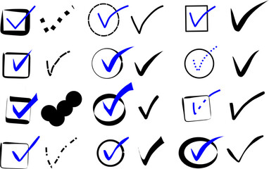 Collection of hand-drawn check marks, blue ticks, and checkbox icons in various styles, perfect for lists, tasks, approval, or graphic design projects.
