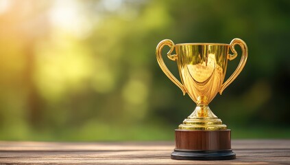Golden trophy on wood, blurred green background, sunny
