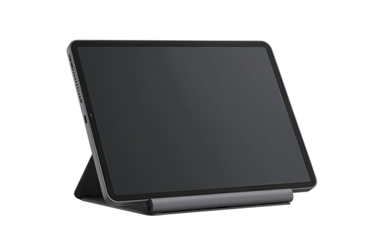 Slate-gray tablet on foldable kickstand with minimal bezel and side ports isolated on transparent background.
 - Powered by Adobe