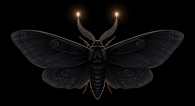 Dark Moth with Glowing Antennae on Black Background.