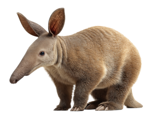 Sandy-coated aardvark stepping slightly forward with elongated snout isolated on transparent background.
