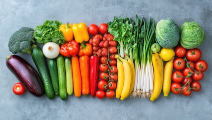 Fresh produce variety colorful row of fruits and veggies
