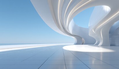 A modern abstract architectural scene featuring smooth curved forms and clean lines under a clear blue sky.