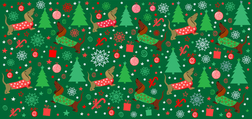 Cute dachshund  dog in winter costume seamless pattern. Christmas holidays background. Good for textile fabric design, wrapping paper, website wallpapers, textile, wallpaper and apparel. Vector 