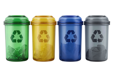 Recycling lineup of four containers in green, yellow, blue, and gray with embossed arrows isolated on transparent background.

