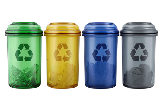 Recycling lineup of four containers in green, yellow, blue, and gray with embossed arrows isolated on transparent background.
