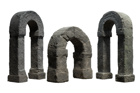 Three basalt gray stone archways in round, pointed, and horseshoe shapes isolated on transparent background.
