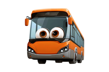 Cartoon city bus with oversized headlights and expressive eyes on windshield isolated on transparent background.
