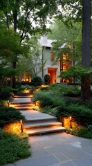 Fototapeta premium A stone path lit by warm lights leads to a contemporary home nestled in lush greenery