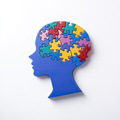 Puzzle-piece brain in profile, vibrant jigsaw sections