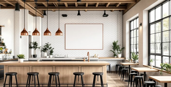 Modern loft-style kitchen interior with wooden accents, copper lighting and white brick wall featuring a blank frame and large industrial windows. Ai generative