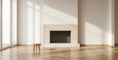 Minimalist fireplace and wooden stool in bright modern interior with natural sunlight on wooden herringbone floor and white walls. Ai generative
