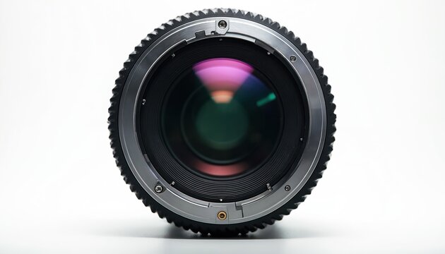 Close-up of camera lens interior showing aperture blades. Reflective glass shows purple and green light flares. Metal mount and serrated ring surround the optical element.