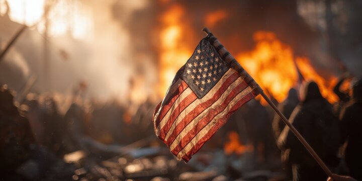 American flag prominently displayed amidst chaos and flames during a protest or rally