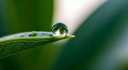 Close up of a clear water drop on a green leaf edge