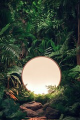 Illuminated circular object in lush green foliage