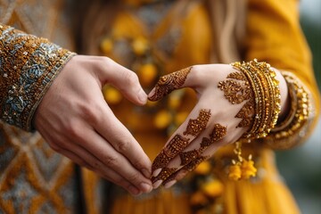 Embrace eternal love and cultural richness with hands forming a heart, adorned with intricate henna and sparkling gold bangles, perfect for wedding and celebration themes.