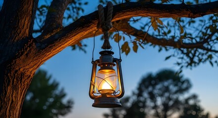 Old Lantern Hanging From Tree Branch At Dusk