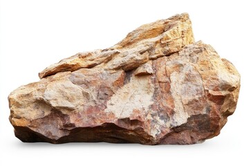 Close-up of a textured, layered, brown rock isolated