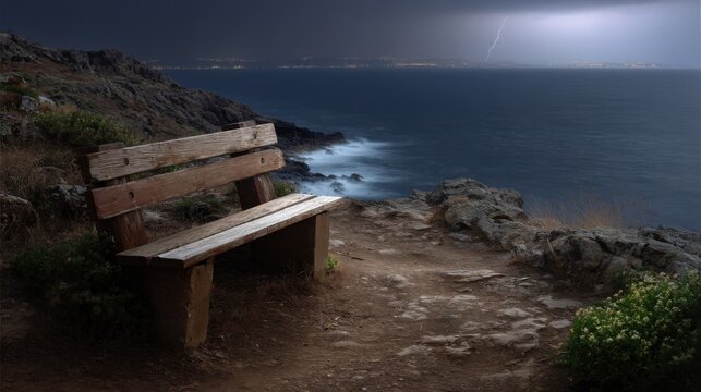 A wooden bench on the cliff of a rocky coast, overlooking the ocean on a dark night. A thunderstorm and lightning are visible in the distance. 