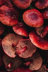 Close-up shot of vibrant red mushrooms in a group