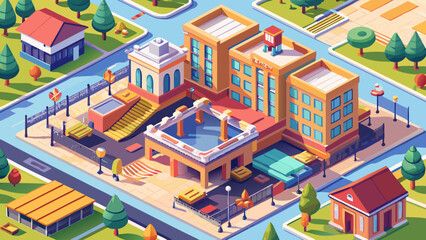 Isometric school building vector with playground, rooftop, trees, windows, 3D perspective, scalable architecture, clean lines, vibrant tones, professional detailed illustration, educational city scene