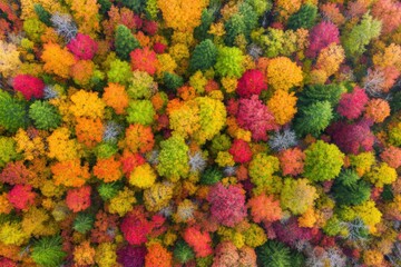 Autumn Canopy: Aerial view of a vibrant forest during autumn, showcasing a colorful blend of autumnal leaves. a mesmerizing view of nature's seasonal display, a vivid tapestry of changing colors.