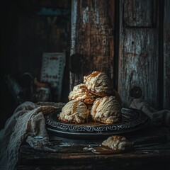 Stacked ice cream scoops on plate, rustic wood backdrop