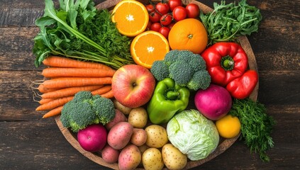 Colorful mix of vegetables and fruit on a wooden plate